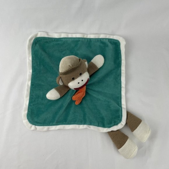 Baby Starters Sock Monkey Lovey Green Baby Security Blanket Knit Plush Rattle - Picture 3 of 6